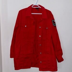 Red distressed long jean jacket by Tricotto